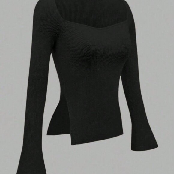 Black Casual Women's Ribbed Knit Top - Picture 2 of 5